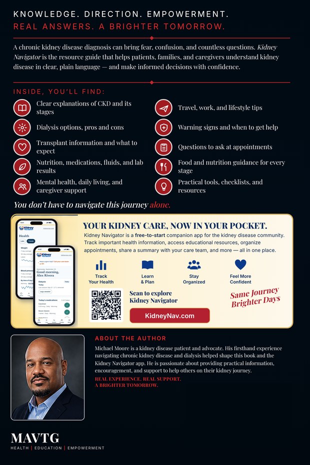 Back cover: Kidney Navigator by Michael Moore. What is inside, the companion app, and about the author.