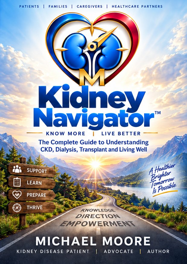 Book cover: Kidney Navigator, The Complete Guide to Understanding CKD, Dialysis, Transplant and Living Well, by Michael Moore