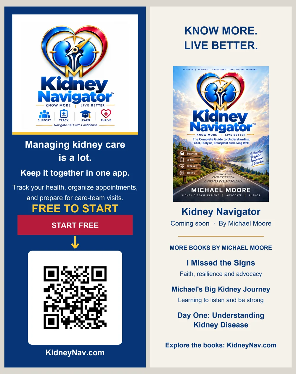 Kidney Navigator bookmark. One side: the free companion app with a QR code to kidneynav.com. The other side: the Kidney Navigator book by Michael Moore, coming soon, with the author's other books.