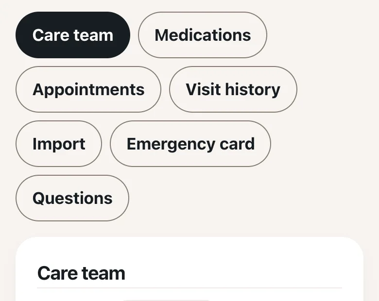 Care team, appointments, emergency card and questions in the app