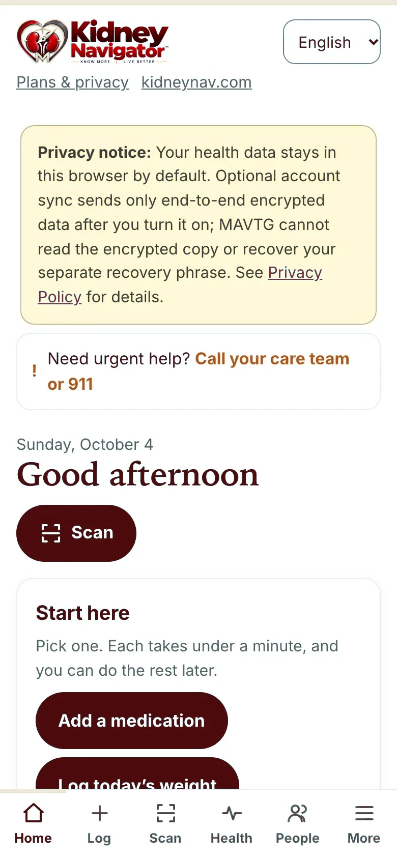Kidney Navigator Home screen with the Scan shortcut