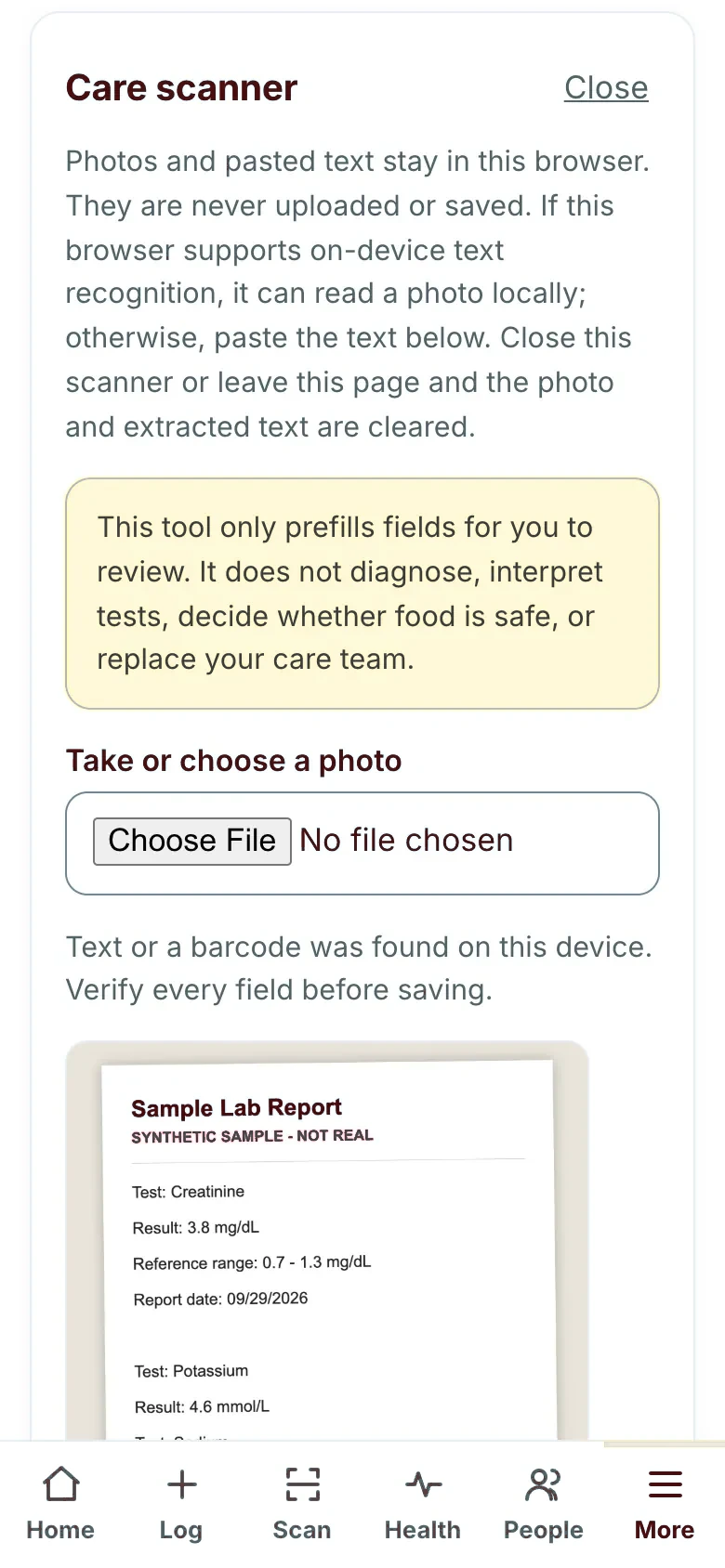 Care scanner with a synthetic sample lab report photo selected, shown inside the app