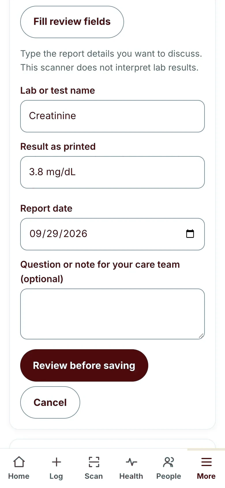 Care scanner review fields filled from the sample photo, with a Review before saving button